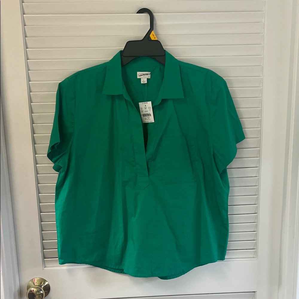 J.Crew Green Short-Sleeve Collared Cotton Popover Top